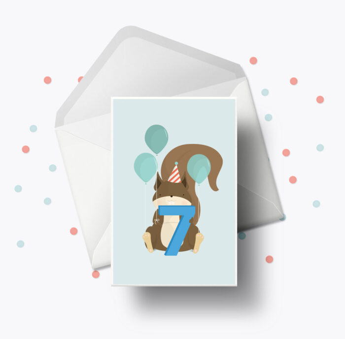 Fødselsdagskort fra Bogstavzoo | 7 års og 7 måneders mærkedage